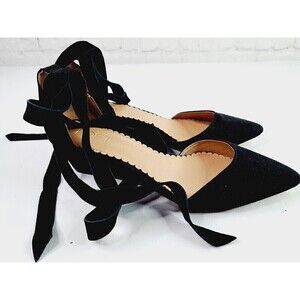 LOFT Woman's Almond Toe Ankle Tie Flat Black Faux Suede Size 7.5